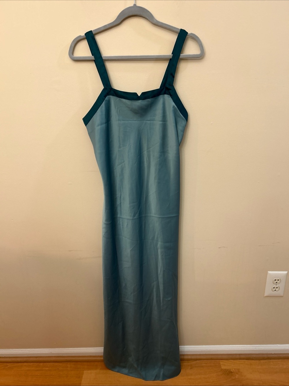 Satin Teal Slip Dress with Dark Teal Trim